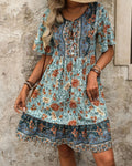 Boho Print Tiered Puff Sleeve Mini Dress - C5