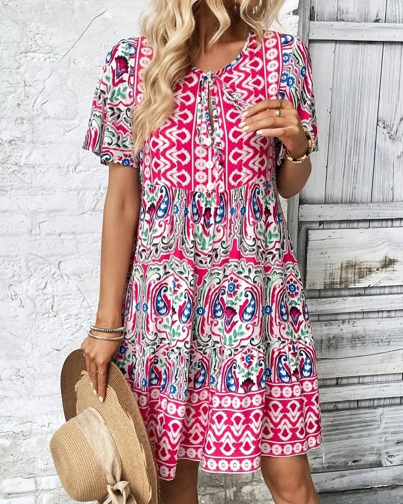 Boho Print Tiered Puff Sleeve Mini Dress