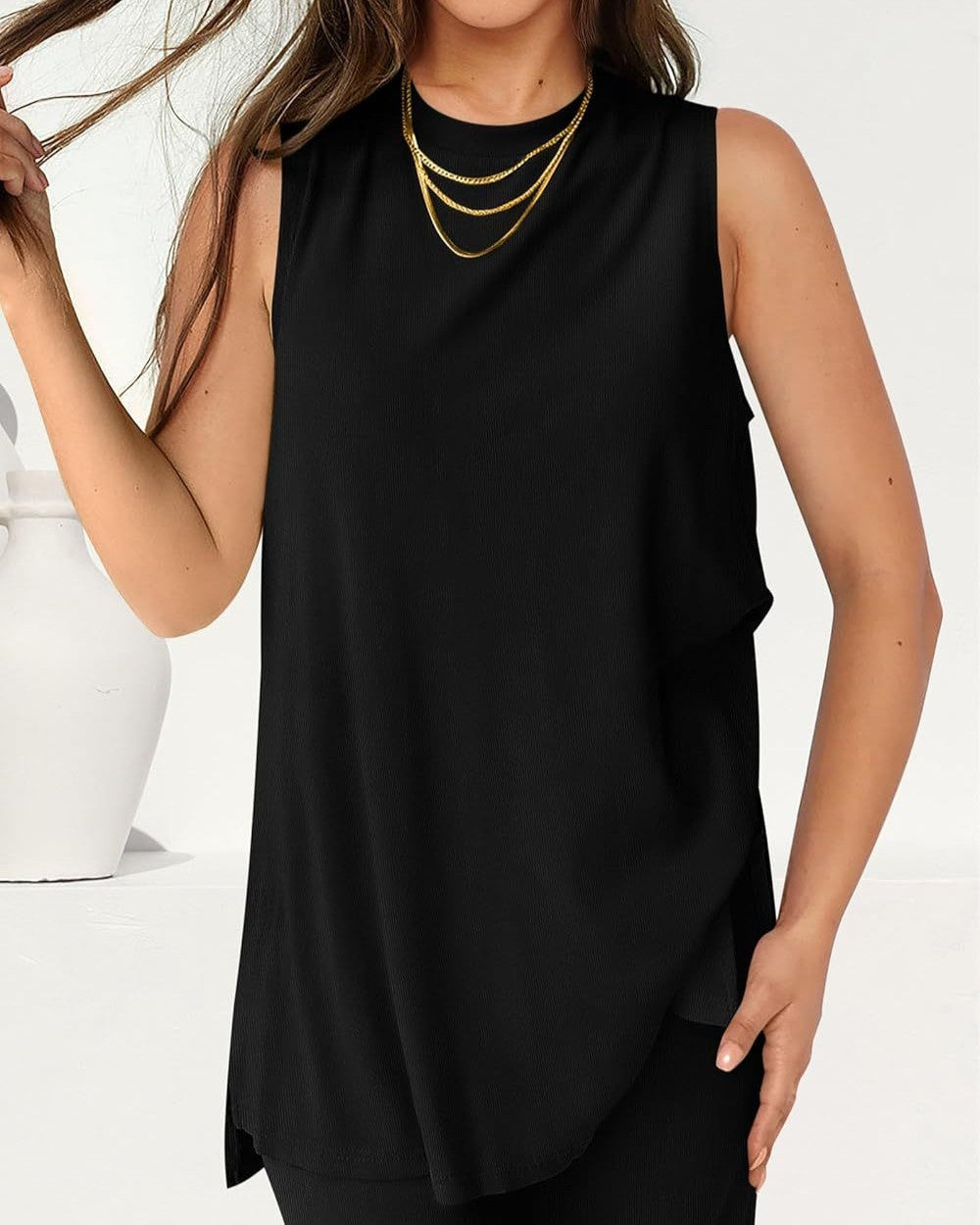 Sleeveless Longline Tunic And Wide Leg Set - Black
