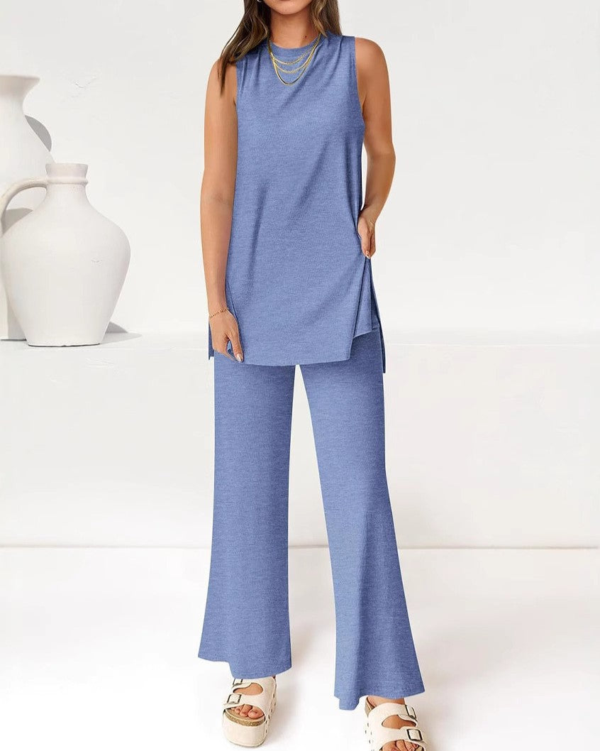 Sleeveless Longline Tunic And Wide Leg Set - Blue