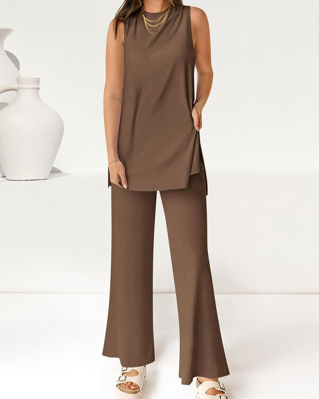Sleeveless Longline Tunic And Wide Leg Set - Khaki