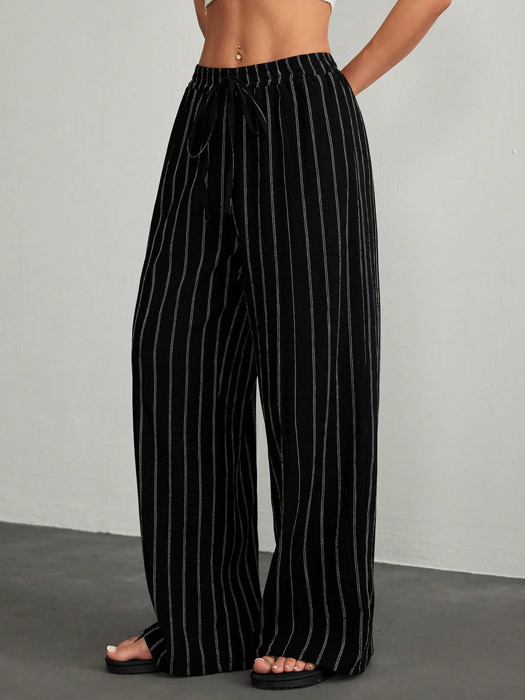 Pinstripe Drawstring Wide Leg Pants - Black