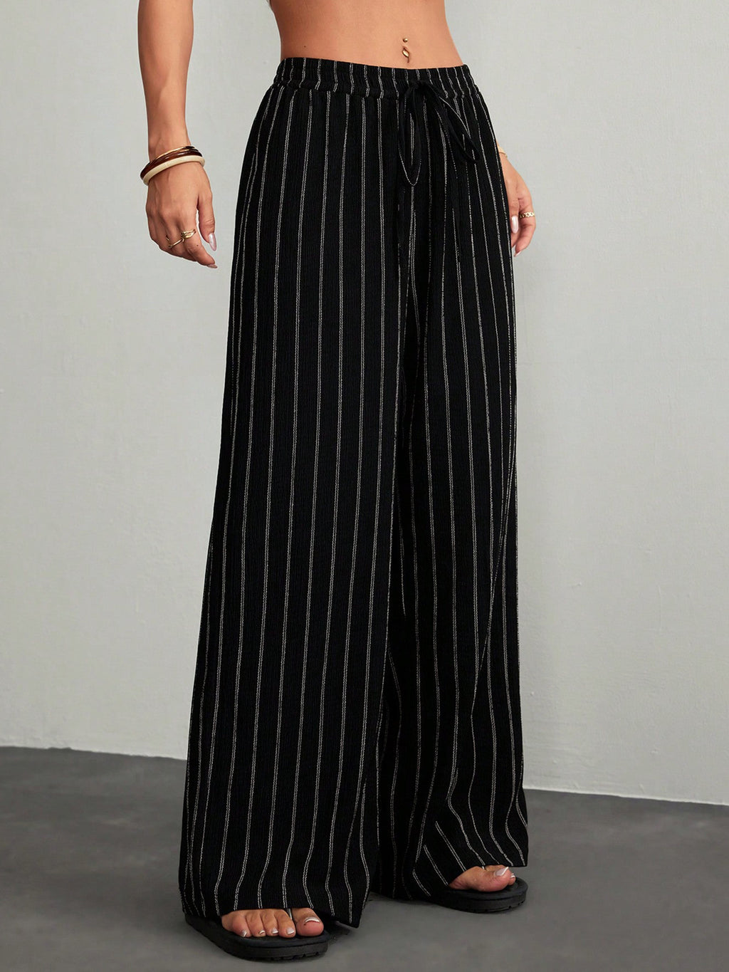 Pinstripe Drawstring Wide Leg Pants - Black - 1