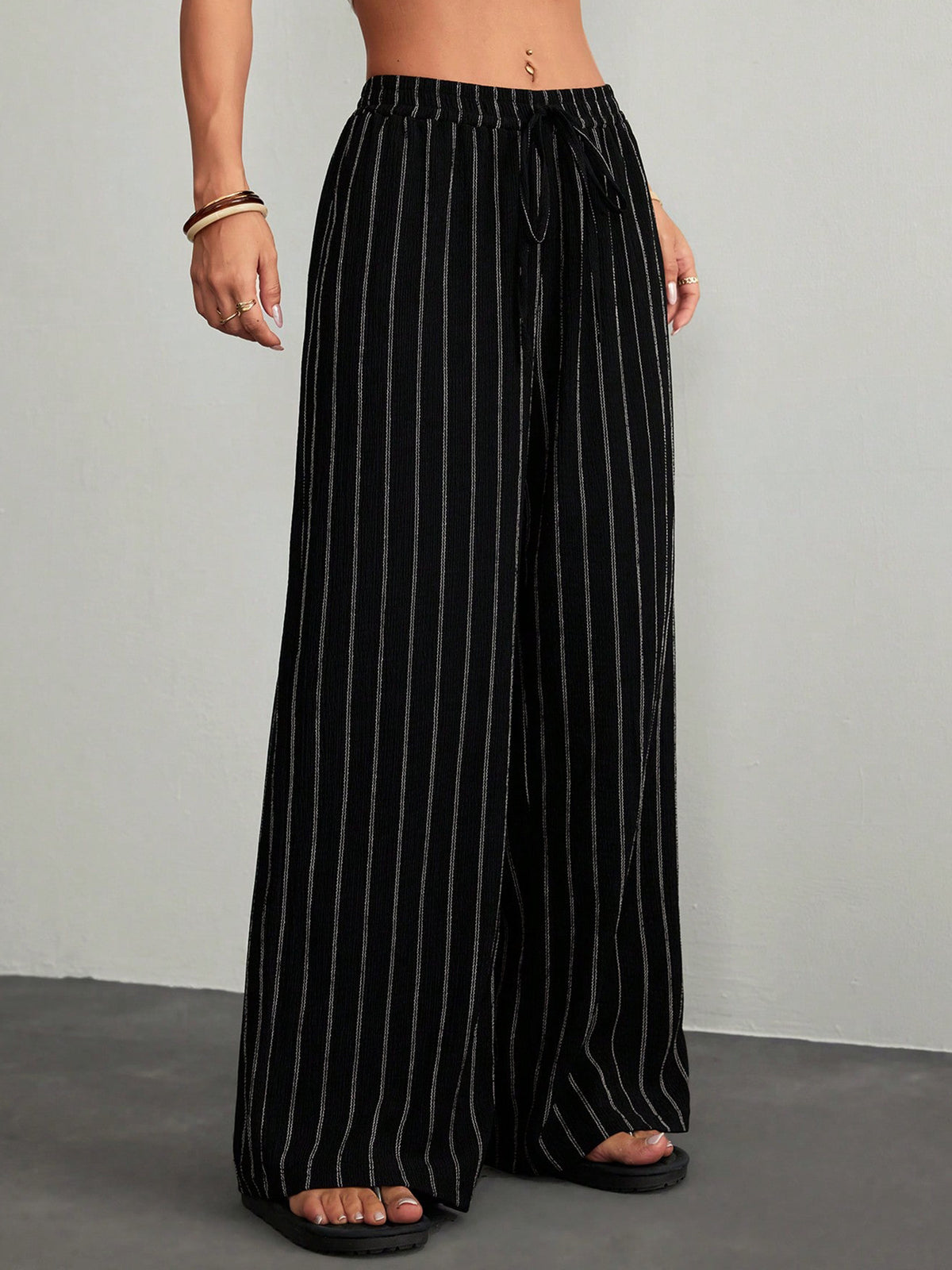 Pinstripe Drawstring Wide Leg Pants - Black - 1