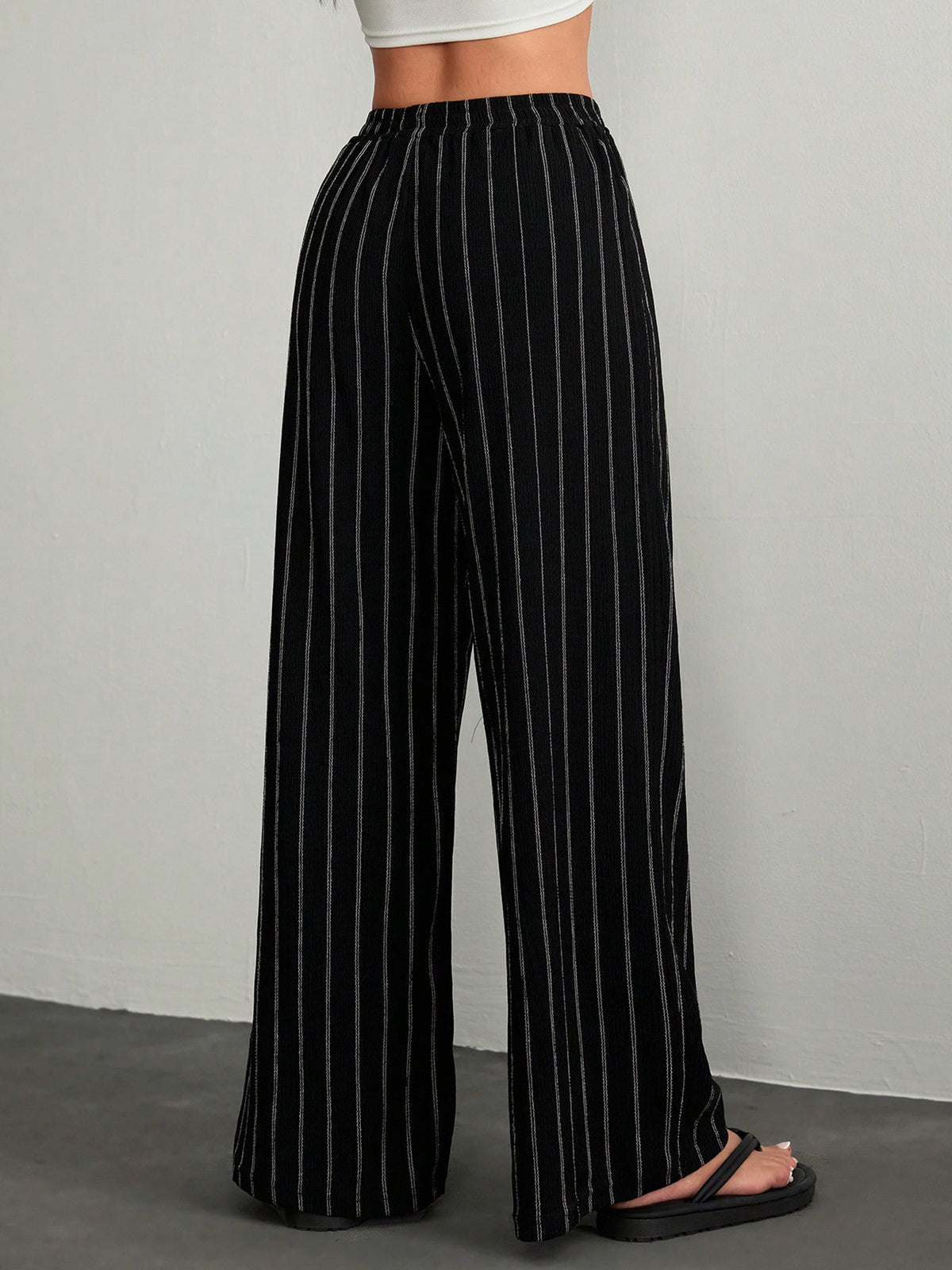 Pinstripe Drawstring Wide Leg Pants - Black - 2
