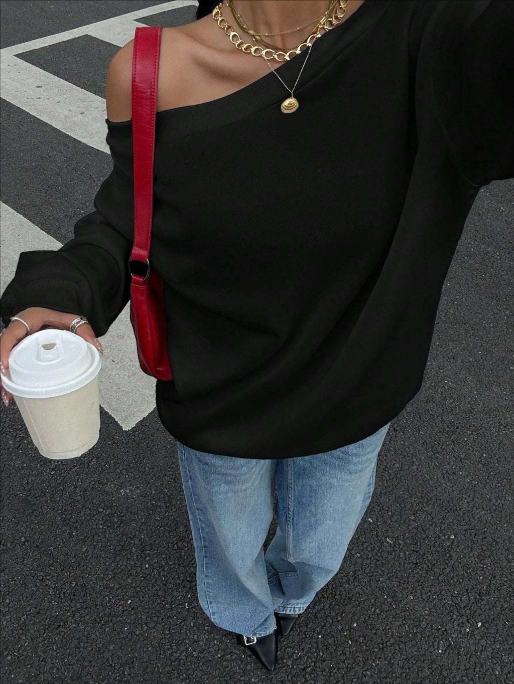 Slouchy Off-Shoulder Drop-Sleeve Pullover Sweatshirt - Black