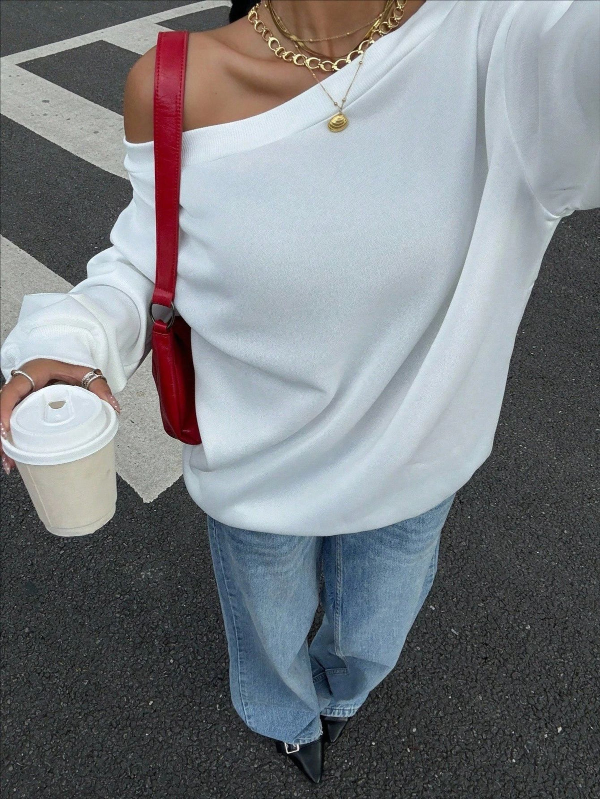 Slouchy Off-Shoulder Drop-Sleeve Pullover Sweatshirt - White