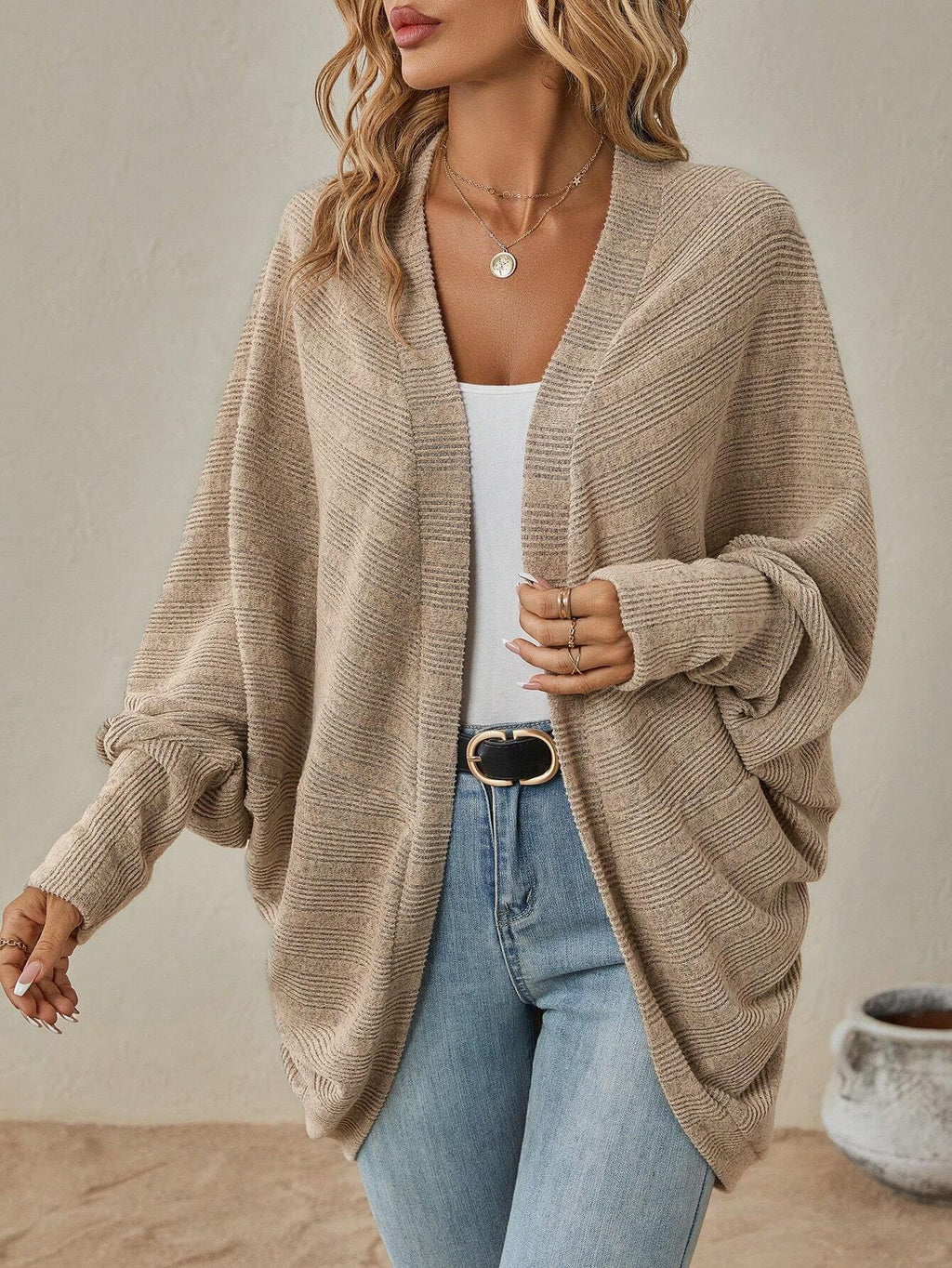 Open Front Longline Dolman Sleeve Cardigan - Apricot