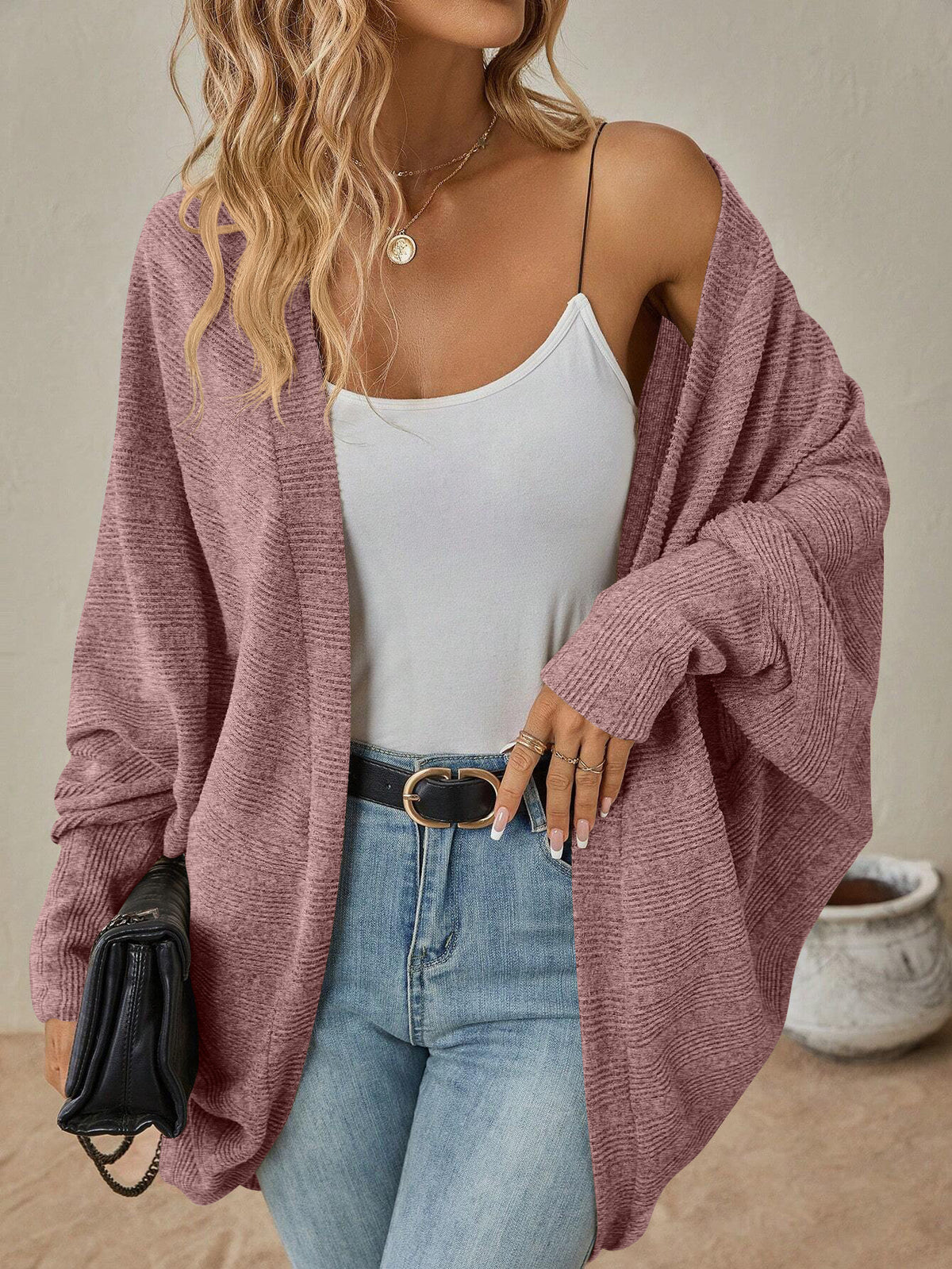 Open Front Longline Dolman Sleeve Cardigan - Pink