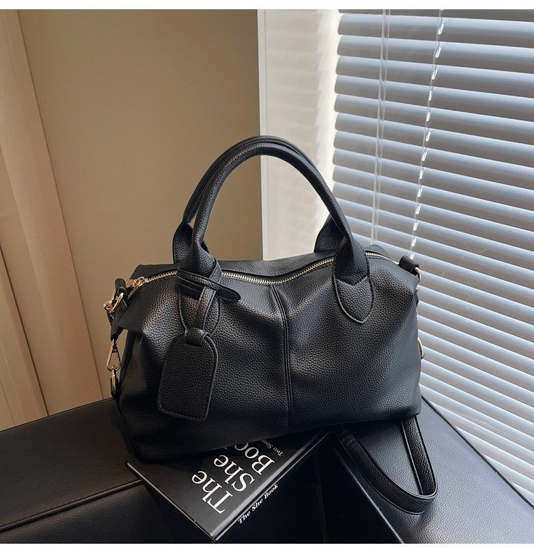 Soft Faux Leather Boston Bag With Luggage Tag - Black