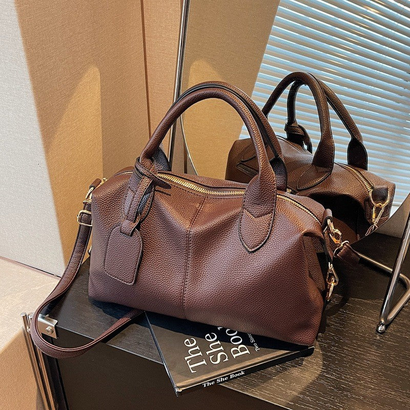 Soft Faux Leather Boston Bag With Luggage Tag - Coffee