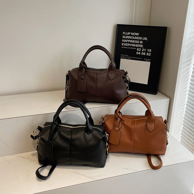 Soft Faux Leather Boston Bag With Luggage Tag