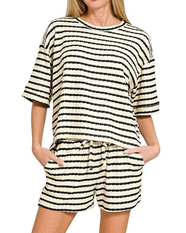 Textured Stripe Two Piece Tee and Short Set - Black