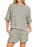 Textured Stripe Two Piece Tee and Short Set - Black