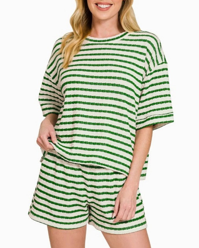 Textured Stripe Two Piece Tee and Short Set - Green