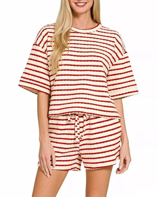 Textured Stripe Two Piece Tee and Short Set - Wine-Red