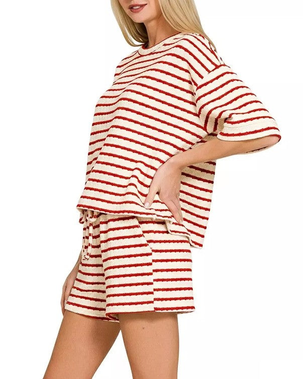 Textured Stripe Two Piece Tee and Short Set - Wine-Red - 1
