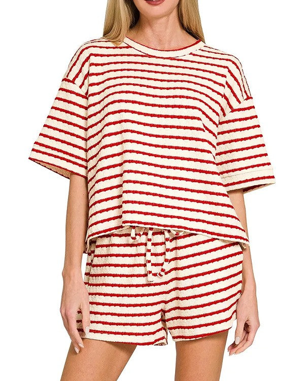 Textured Stripe Two Piece Tee and Short Set - Wine-Red - 2