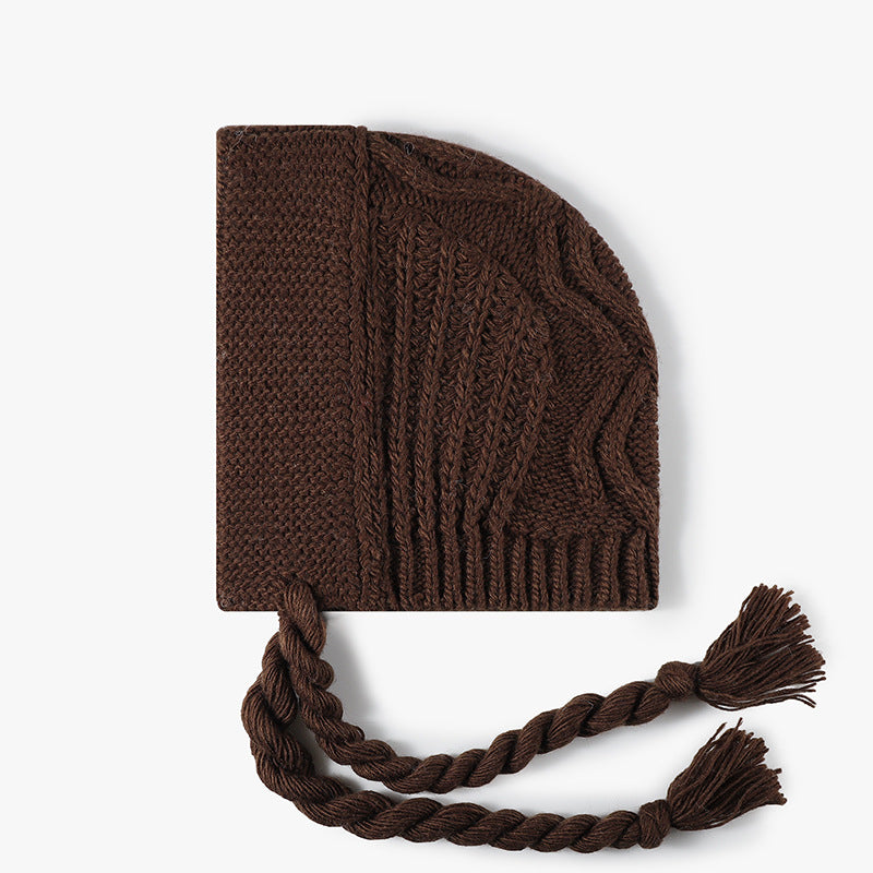 Cable Knit Bonnet Beanie With Tassel Ties - Coffee