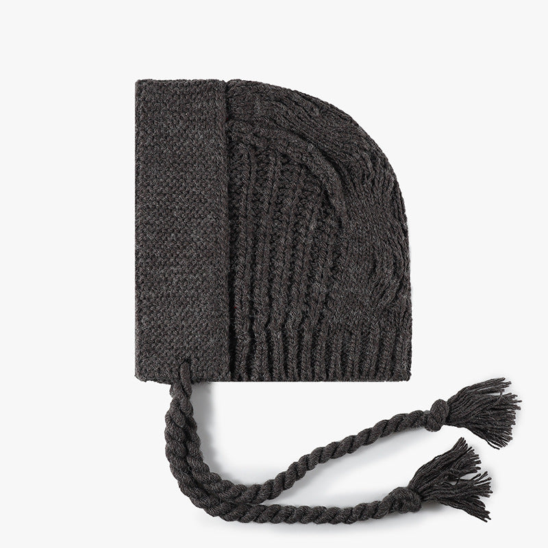 Cable Knit Bonnet Beanie With Tassel Ties - Dark-Gray