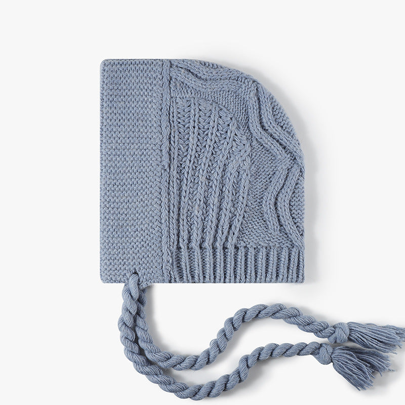 Cable Knit Bonnet Beanie With Tassel Ties - Gray-Blue