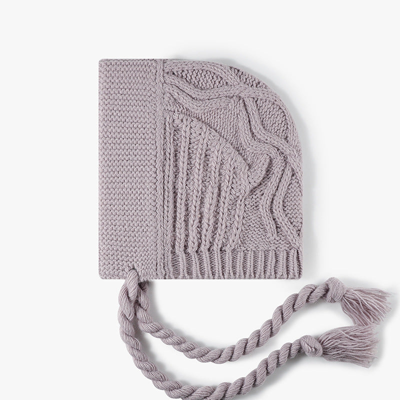 Cable Knit Bonnet Beanie With Tassel Ties - Purple