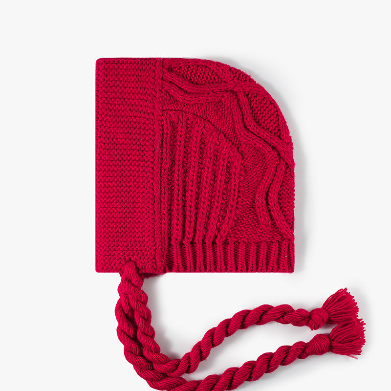 Cable Knit Bonnet Beanie With Tassel Ties - Red