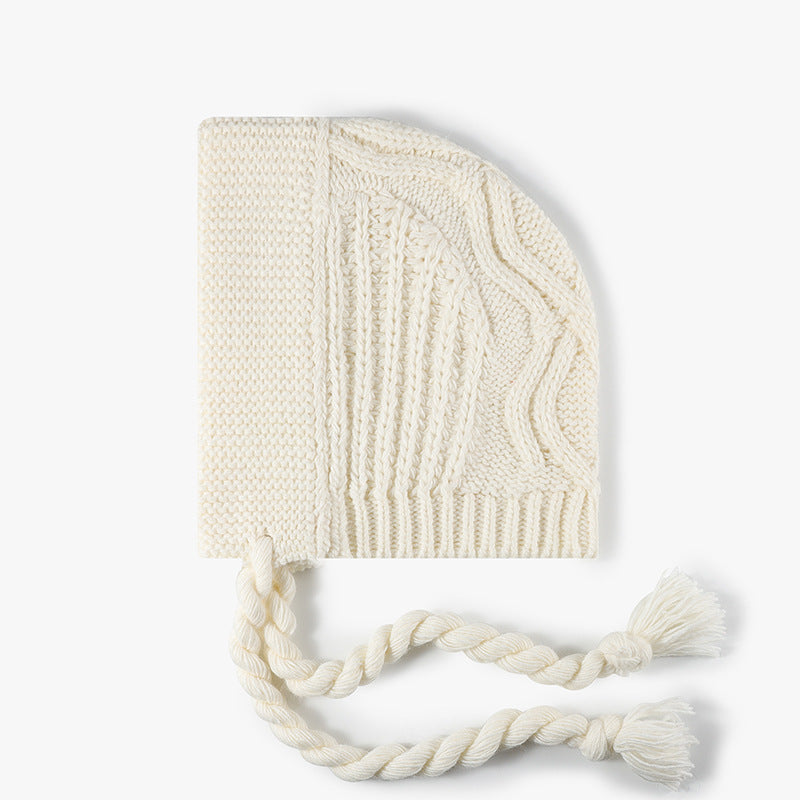 Cable Knit Bonnet Beanie With Tassel Ties - White