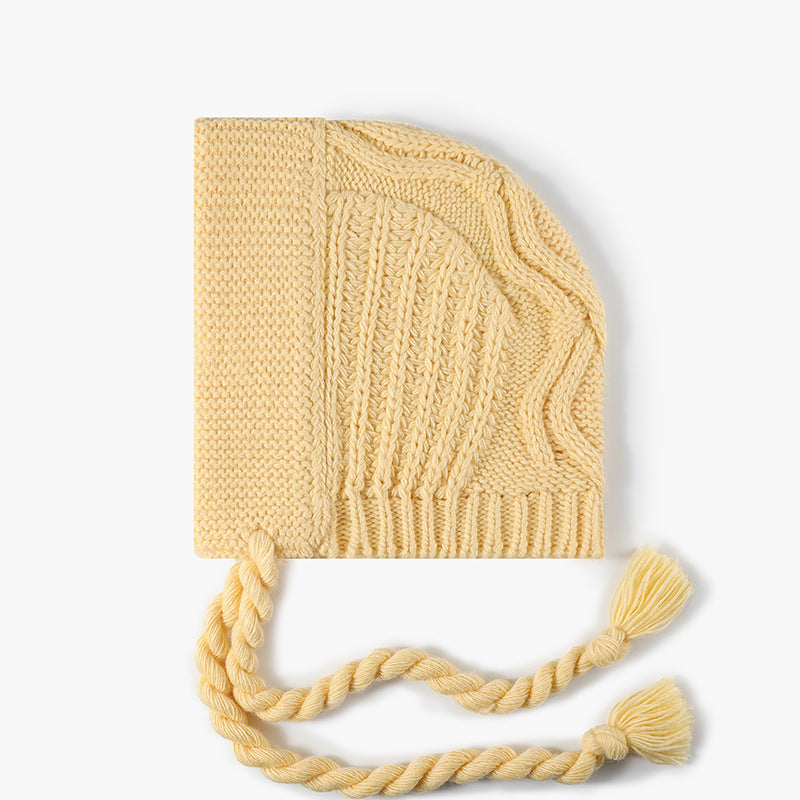 Cable Knit Bonnet Beanie With Tassel Ties - Yellow