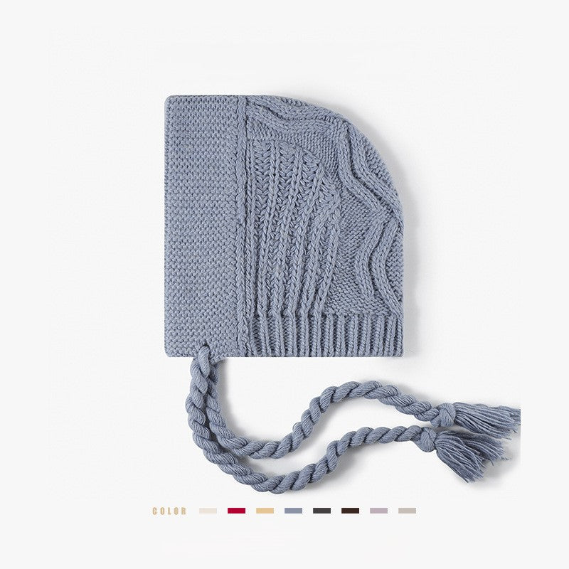 Cable Knit Bonnet Beanie With Tassel Ties