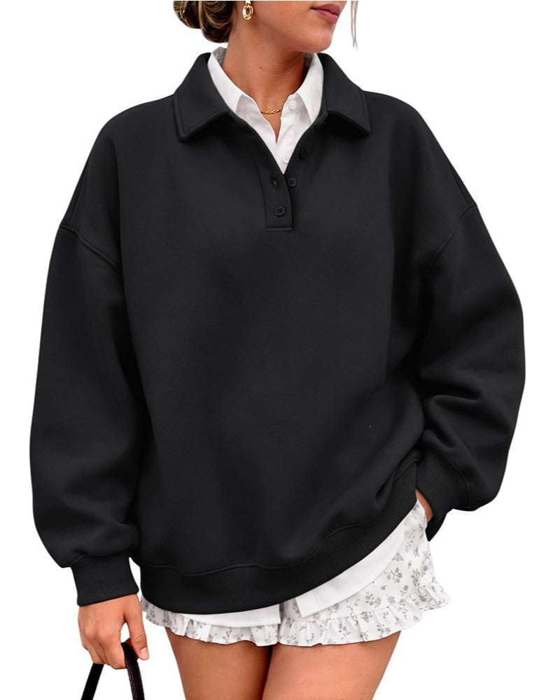 Oversized Quarter Zip Polo Collar Sweatshirt - Black