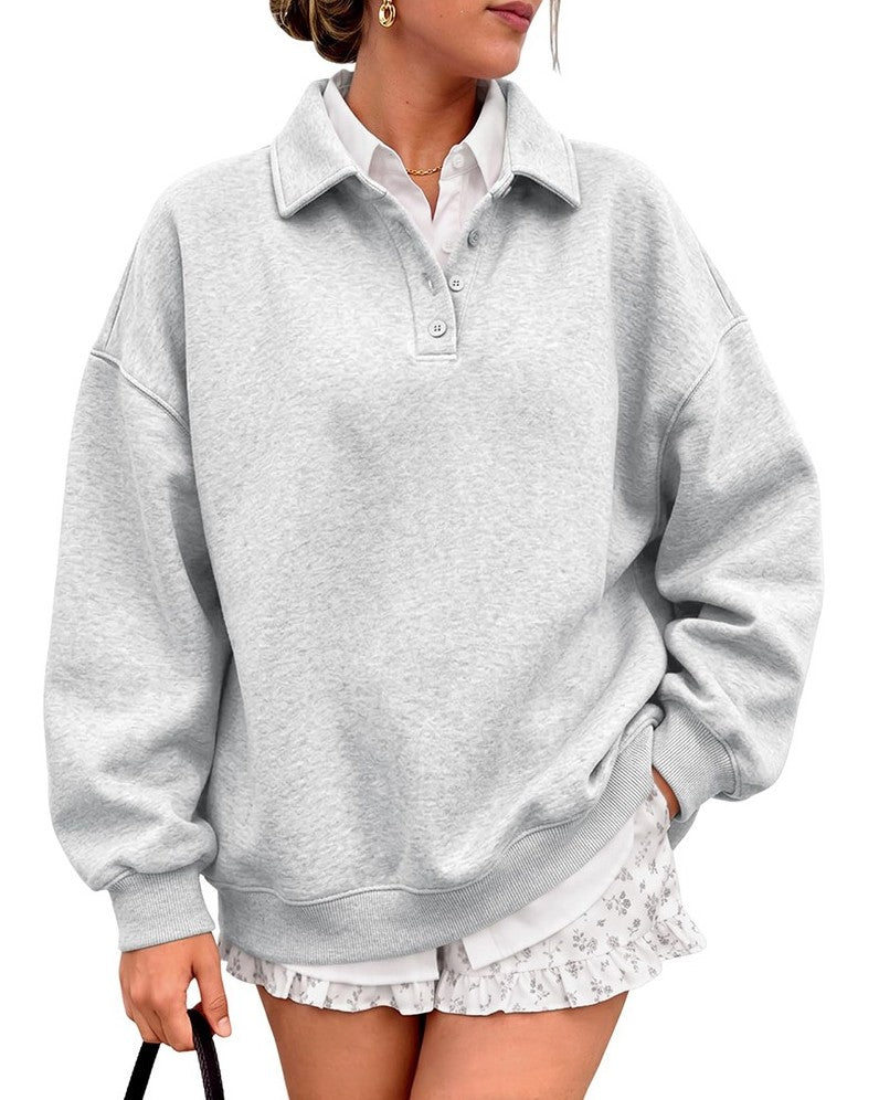 Oversized Quarter Zip Polo Collar Sweatshirt - Gray