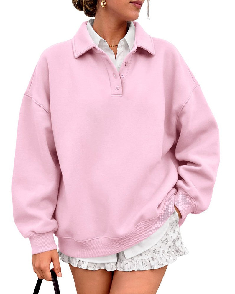 Oversized Quarter Zip Polo Collar Sweatshirt - Pink