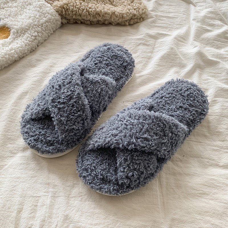 Curly Teddy Fleece Open Toe Slide Slippers - Blue Crossover