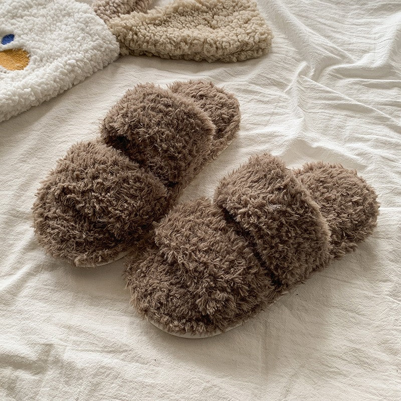 Curly Teddy Fleece Open Toe Slide Slippers - Brown Two-Band