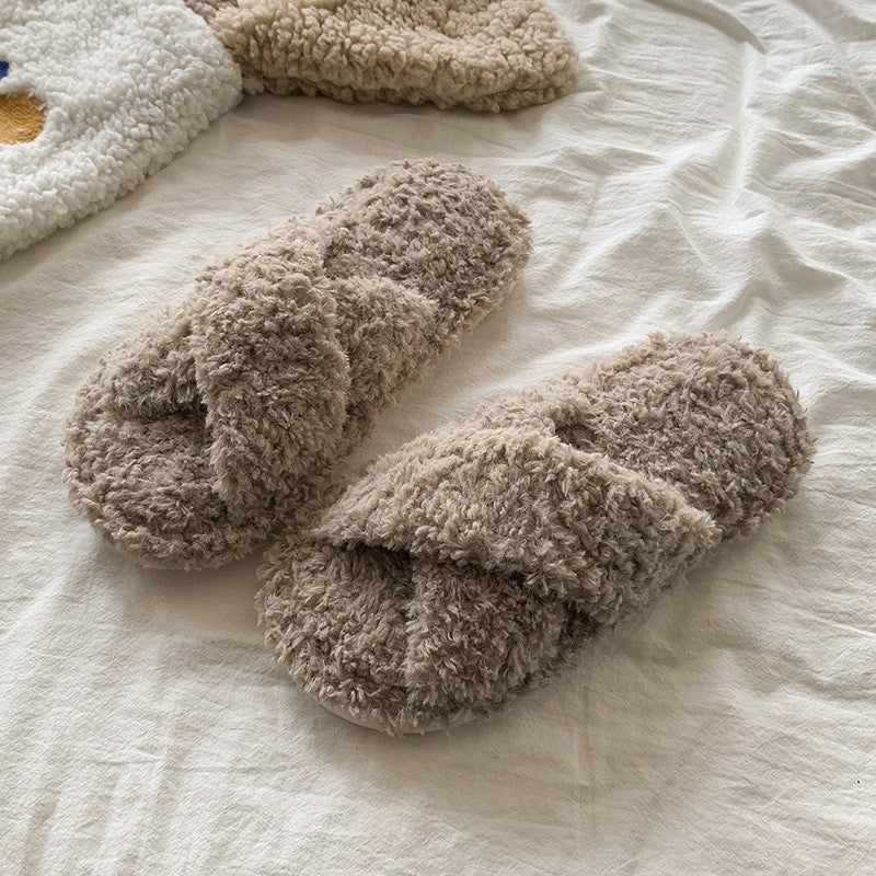 Curly Teddy Fleece Open Toe Slide Slippers - Khaki Crossover