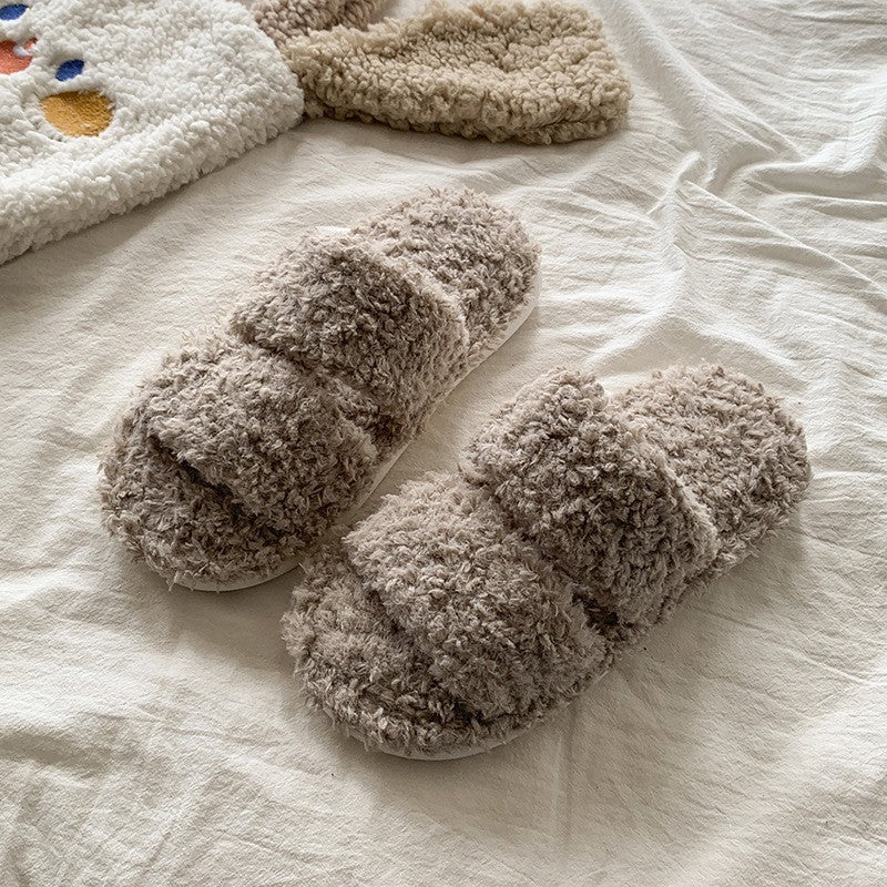 Curly Teddy Fleece Open Toe Slide Slippers - Khaki Two-Band