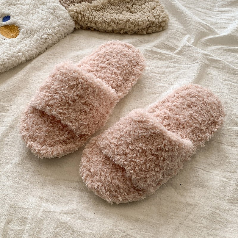 Curly Teddy Fleece Open Toe Slide Slippers - Pink One-Band