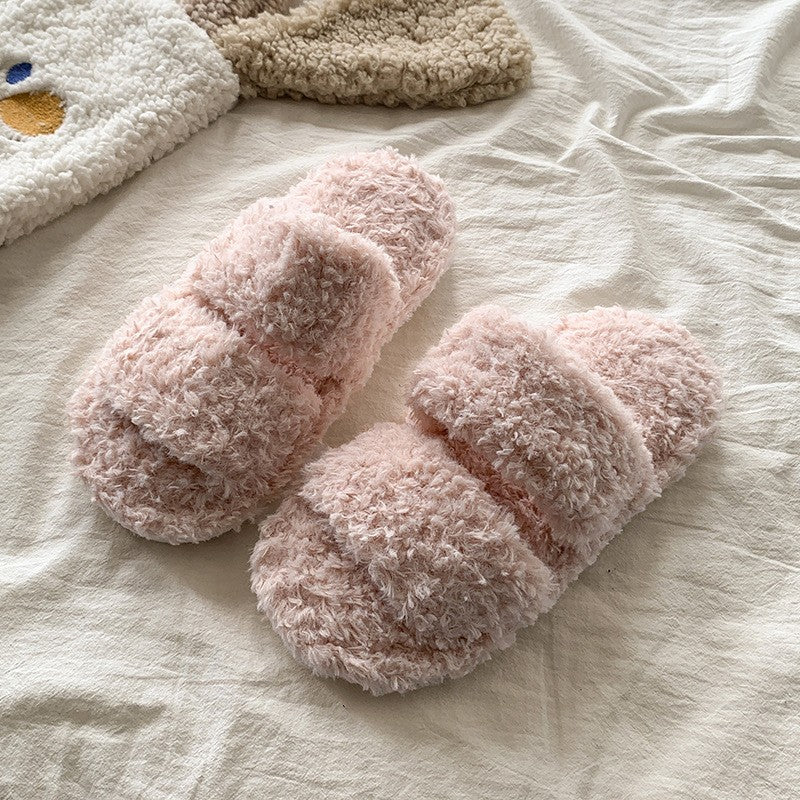 Curly Teddy Fleece Open Toe Slide Slippers - Pink Two-Band