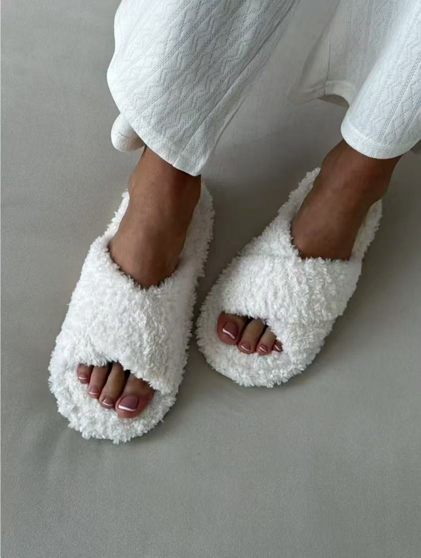 Curly Teddy Fleece Open Toe Slide Slippers - White Crossover