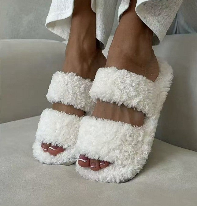 Curly Teddy Fleece Open Toe Slide Slippers - White Two-Band