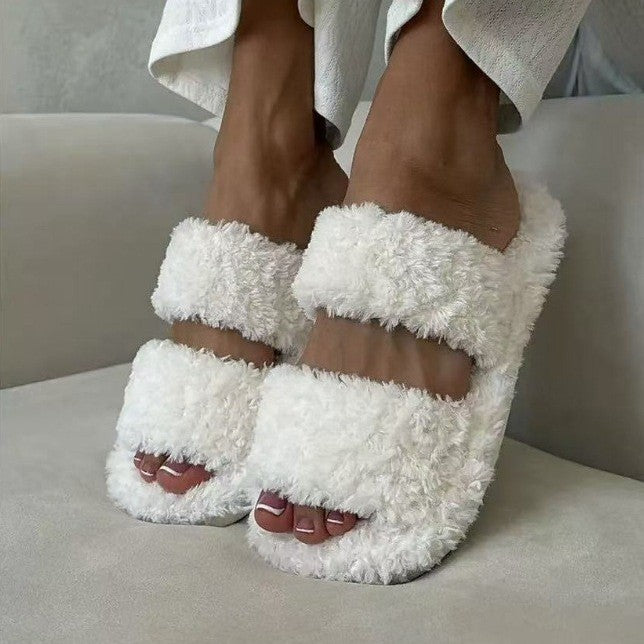 Curly Teddy Fleece Open Toe Slide Slippers