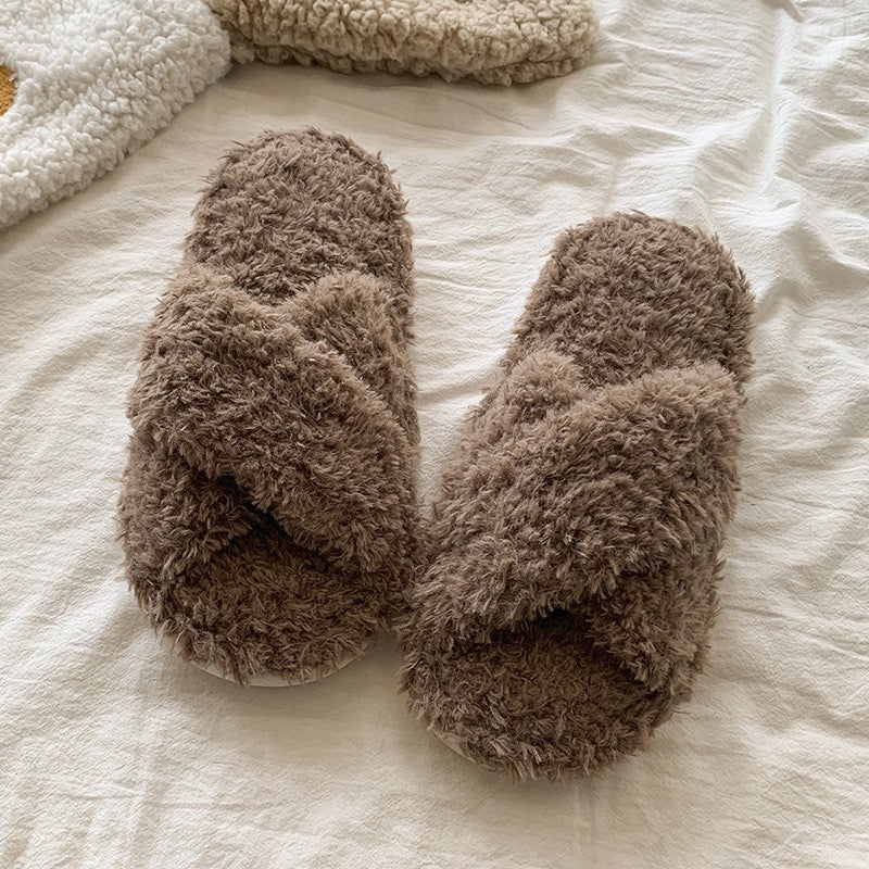 Curly Teddy Fleece Open Toe Slide Slippers