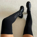 Rib Knit Over the Knee Lug Sole Sock Boots - Black