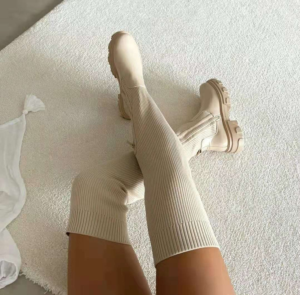 Rib Knit Over the Knee Lug Sole Sock Boots