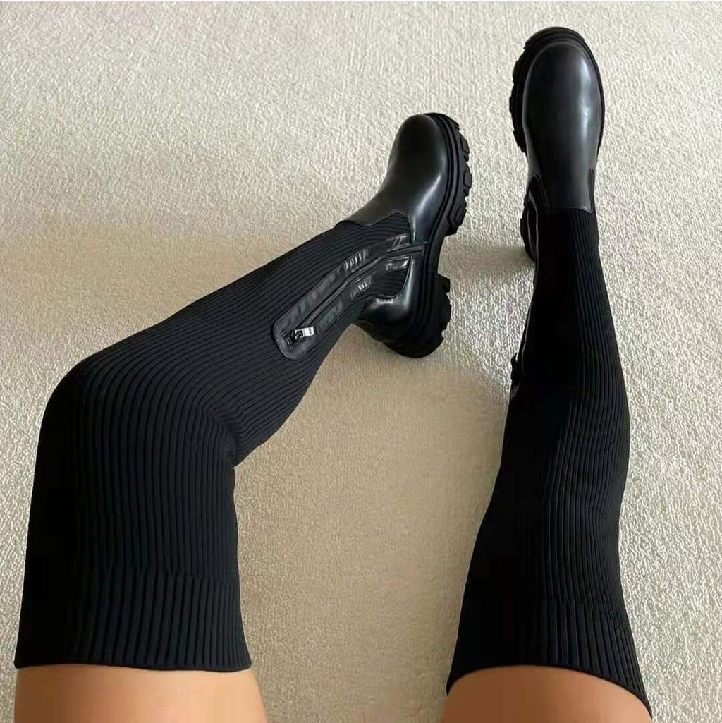 Rib Knit Over the Knee Lug Sole Sock Boots