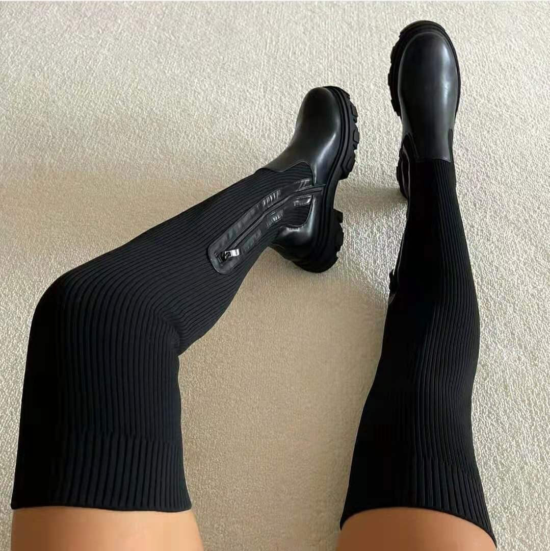 Rib Knit Over the Knee Lug Sole Sock Boots