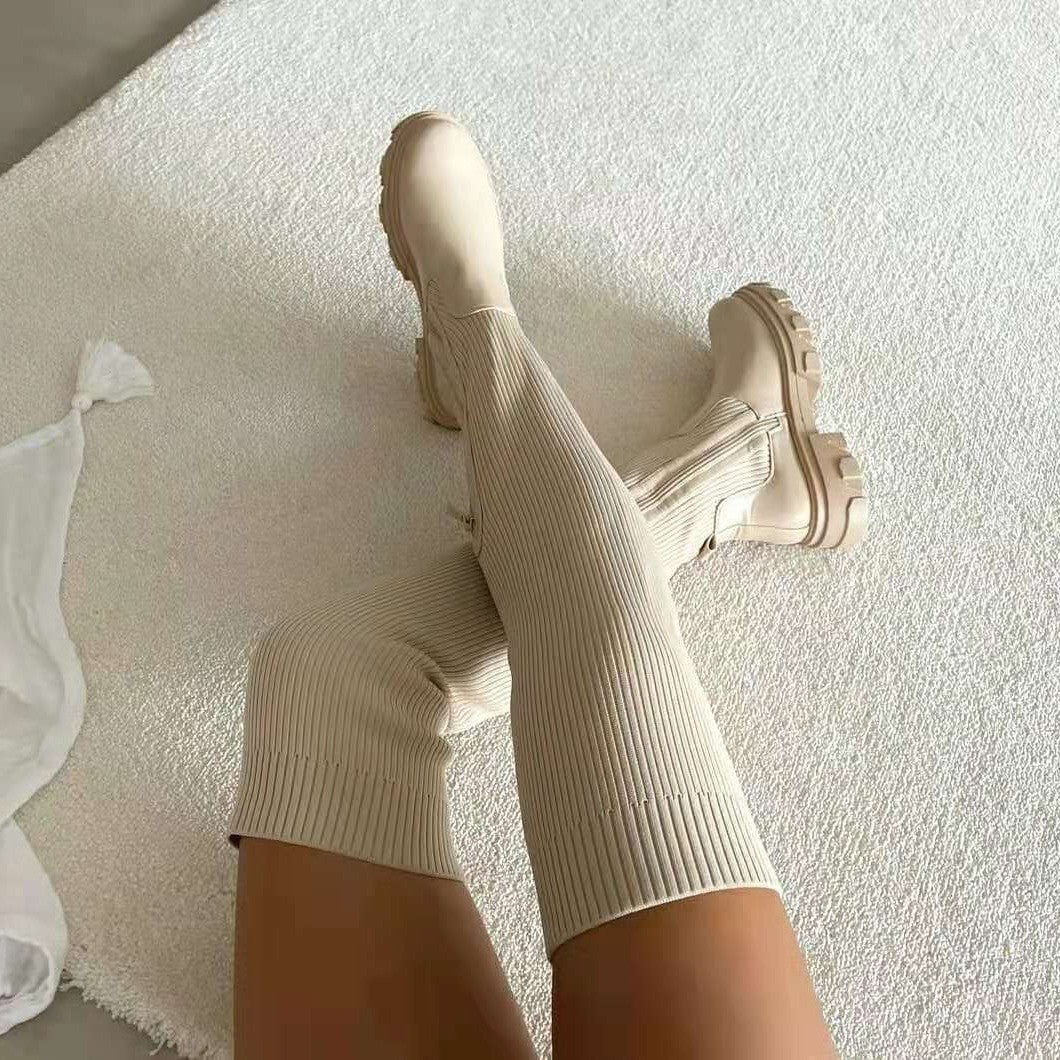 Rib Knit Over the Knee Lug Sole Sock Boots