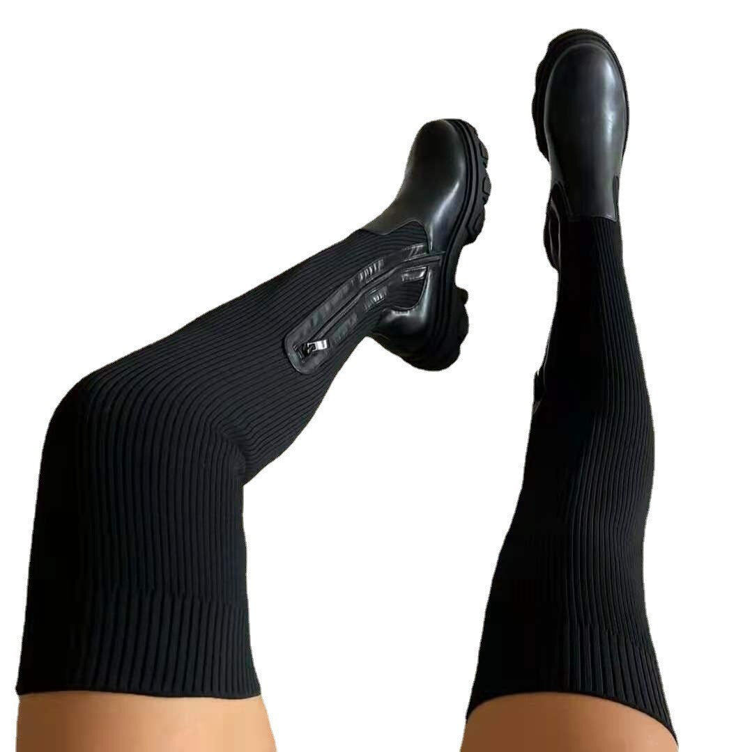 Rib Knit Over the Knee Lug Sole Sock Boots