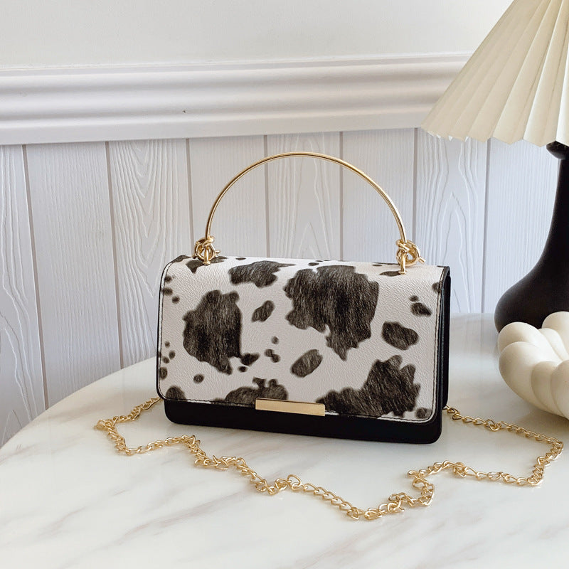Cow Print Box Bag With Ring Handle - Black